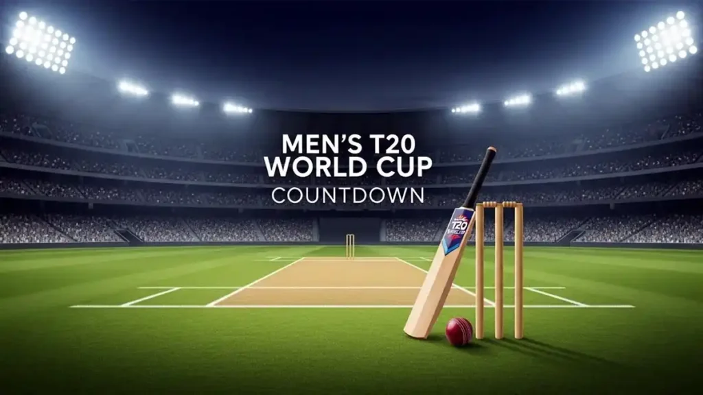 Men’s T20 World Cup countdown image showing a cricket stadium and pitch under lights