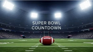 Super Bowl countdown image showing an American football stadium under lights