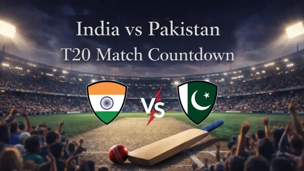 India vs Pakistan T20 match countdown stadium scene with packed crowd and cricket field under night lights