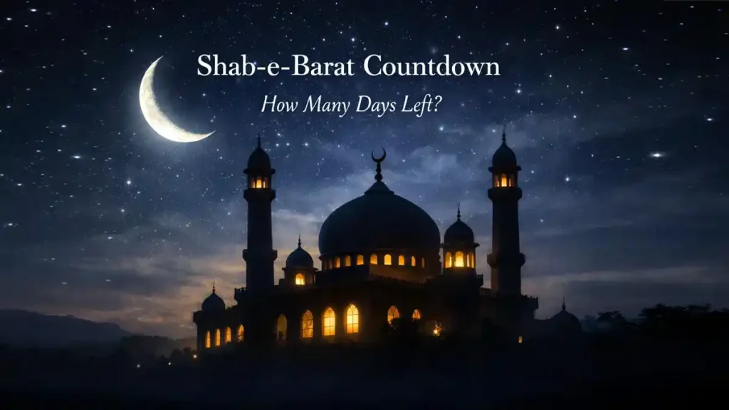 Shab-e-Barat countdown showing a peaceful mosque night with crescent moon and stars